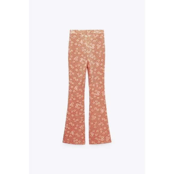 NEW ZARA Orange Daisy Print Flare Bottom Pants Size S Boho Hippie 70s Peace - Picture 3 of 7